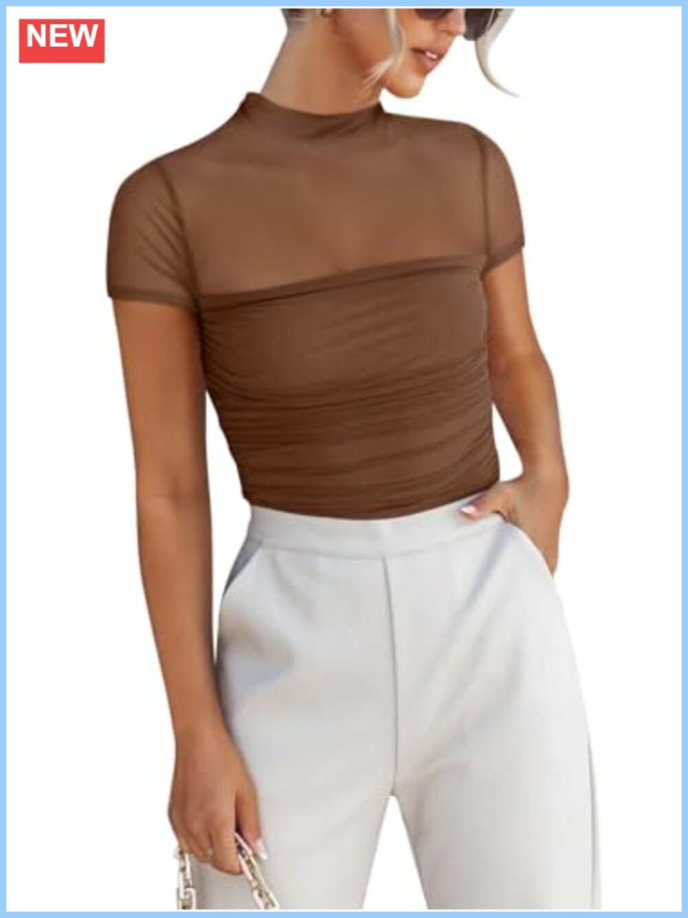 Sheer Mesh Mock Neck Short Sleeve Ruched Blouse Slim Fit Going Out Top
